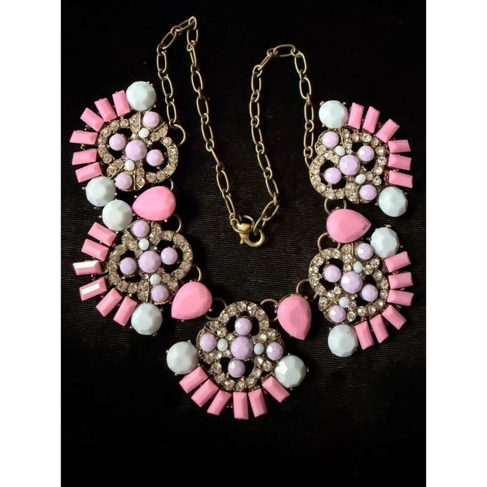 Pastel Crystal Bib Necklace, Pink Lavender bronze-Tone